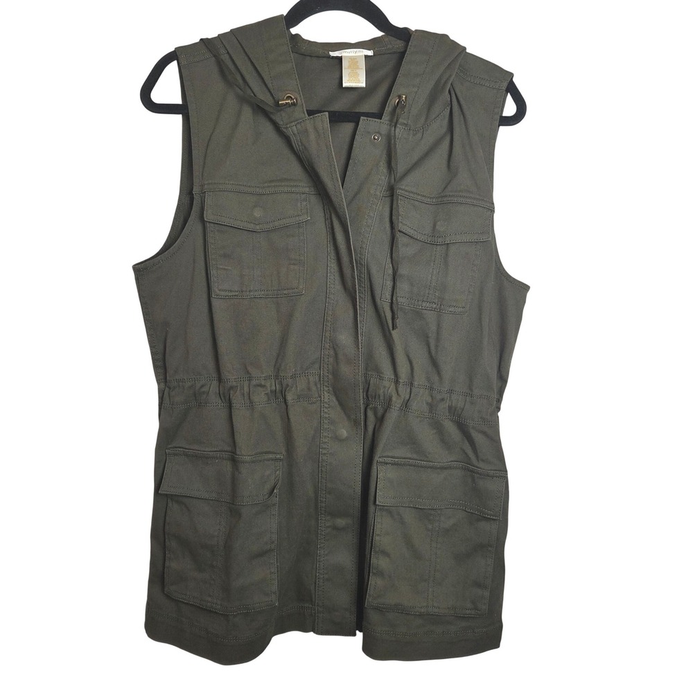 Matty M Utility Vest Hooded Sleeveless Cargo Pockets Drawstring Waist S